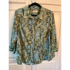 Talbots Womens Blue Floral Print Button Down Blouse Sz 3X
